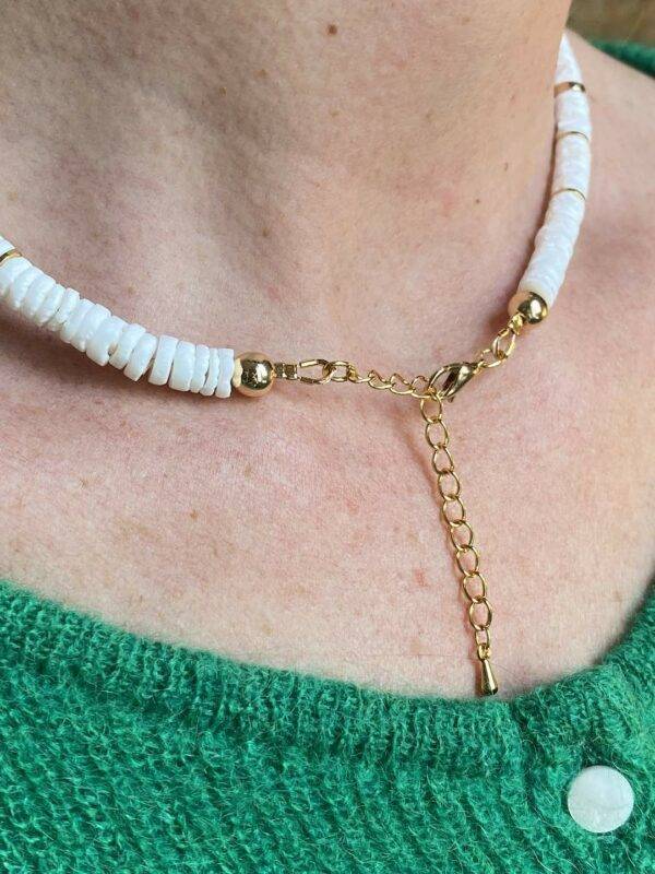 Un collier surfeur ajustable composé de perles naturelles de coquillage et de perles dorées à l'or fin. fermoir ajustable v