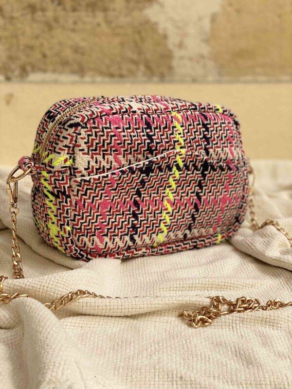 sac à main bandoulière tweed rose chaine dorée