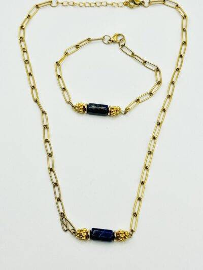 collier et bracelet New Delhi, lapis lazuli et chaine dorée