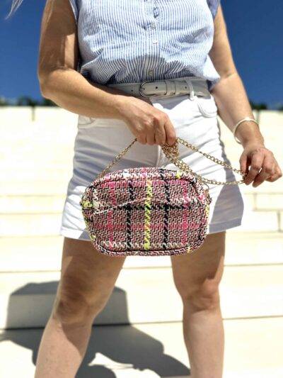 sac à main bandoulière tweed rose chaine dorée