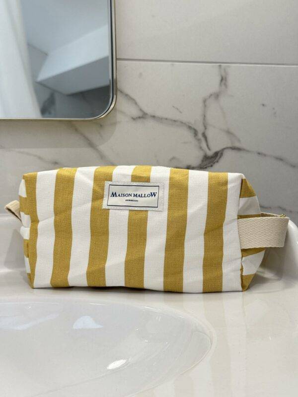 Trousse de toilette à rayures jaune moutarde et blanc