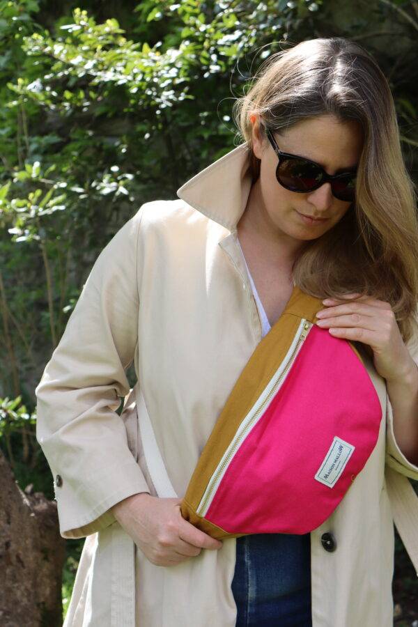 sac banane bicolore rose fuchsia et jaune moutarde