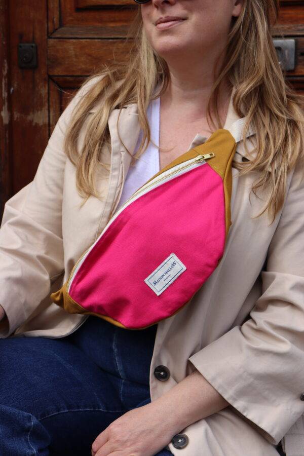 sac banane bicolore rose fuchsia et jaune moutarde