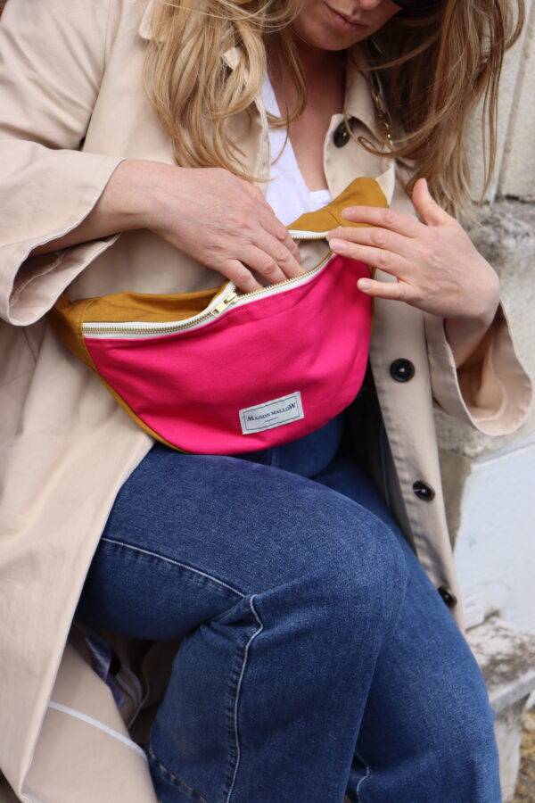 sac banane bicolore rose fuchsia et jaune moutarde