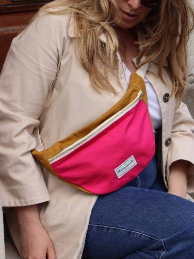 sac banane bicolore rose fuchsia et jaune moutarde