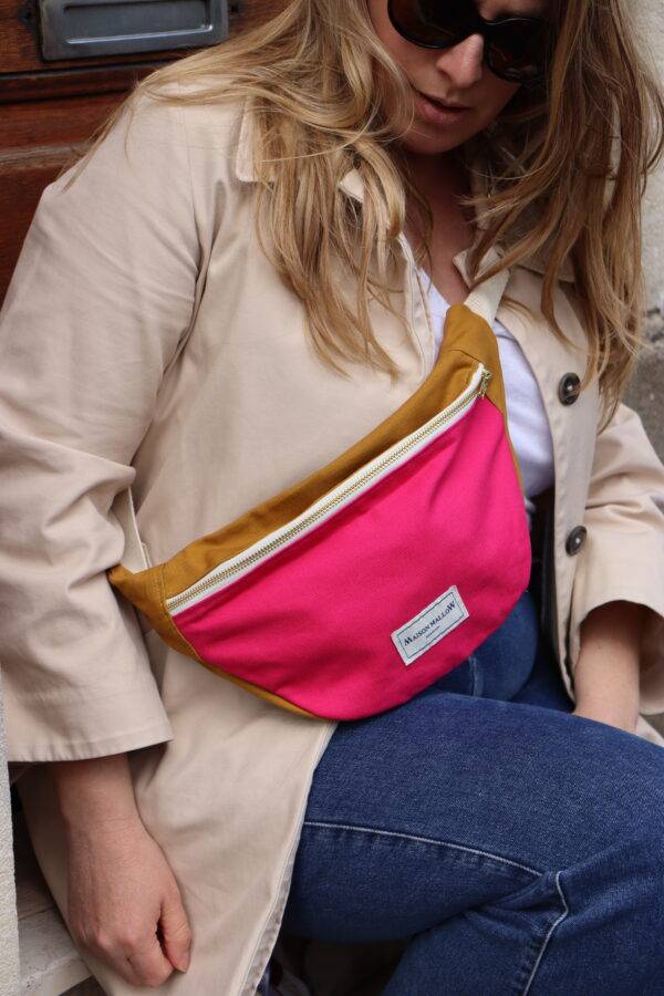 sac banane bicolore rose fuchsia et jaune moutarde