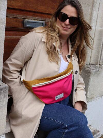 sac banane bicolore rose fuchsia et jaune moutarde