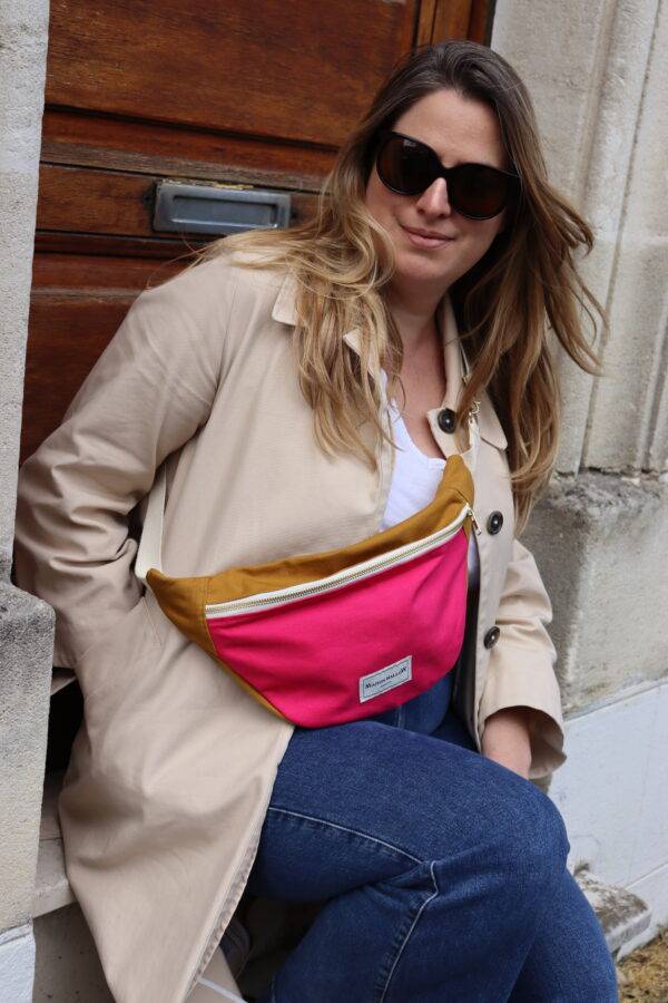 sac banane bicolore rose fuchsia et jaune moutarde