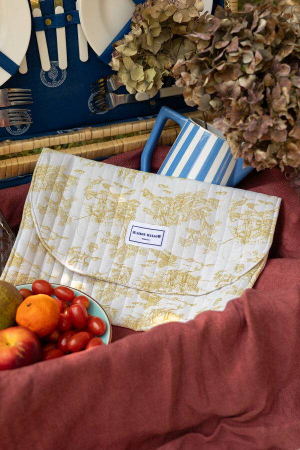 Pochette matelassée en toile de Jouy Jaune