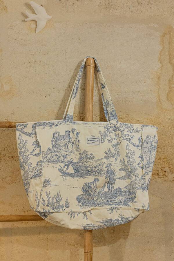 Cabas en toile de Jouy bleue et blanche
