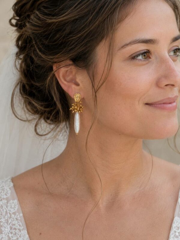 Boucles d'oreilles pendantes avec une perle d'eau douce allongée réhaussée d'acier inoxydable doré