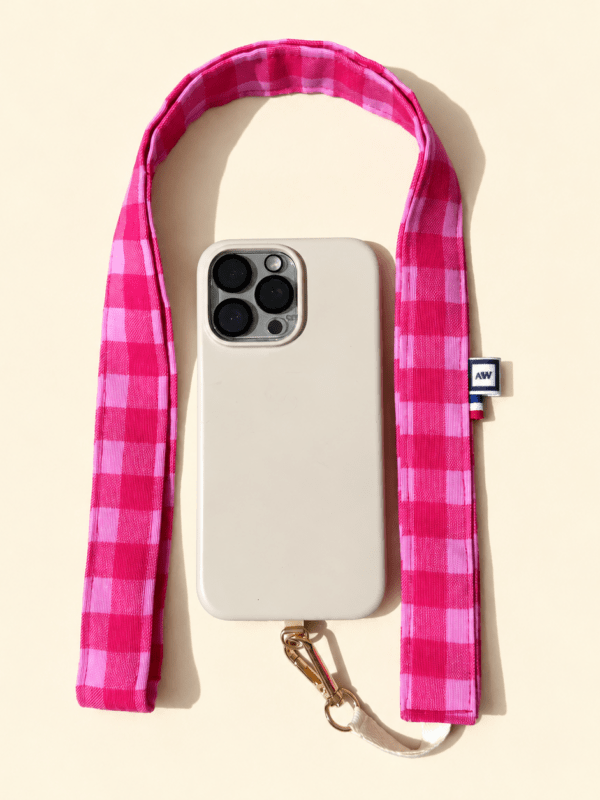 Cordon de téléphone en tissu Vichy rose Maison Mallow