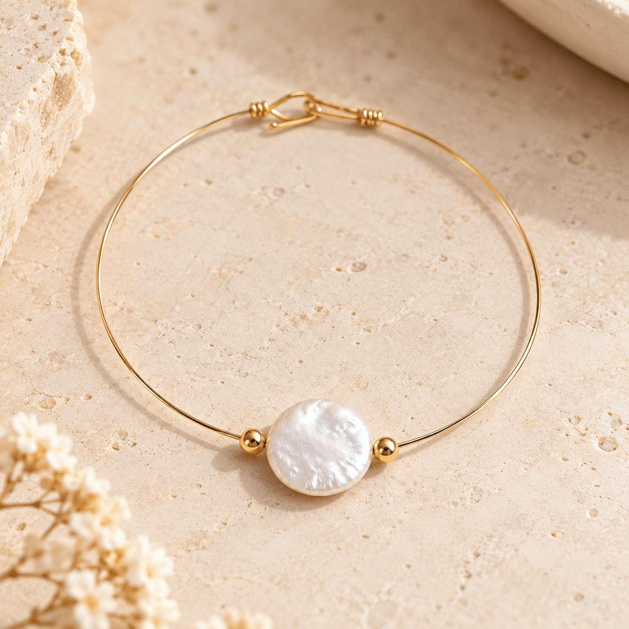 vue de face du bracelet Arrow en goldfilled 14K et perle d'eau douce baroque