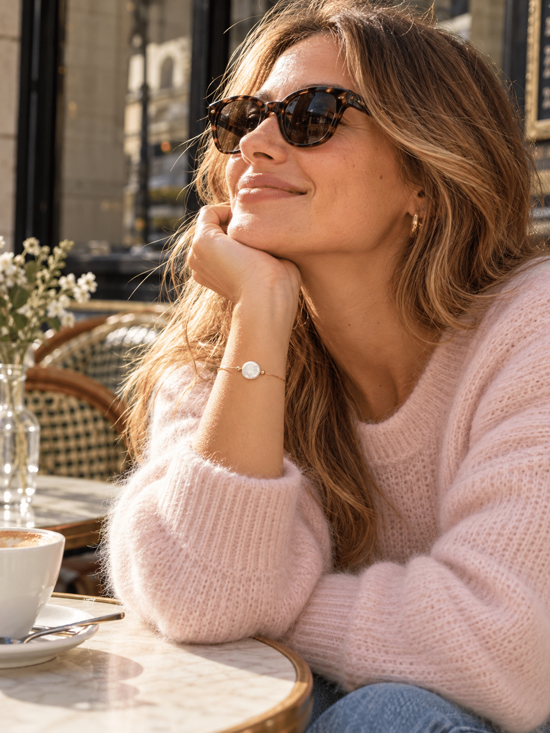 Bracelet Arrow en goldfilled 14K porté par une jeune femme à la terrasse d'un café