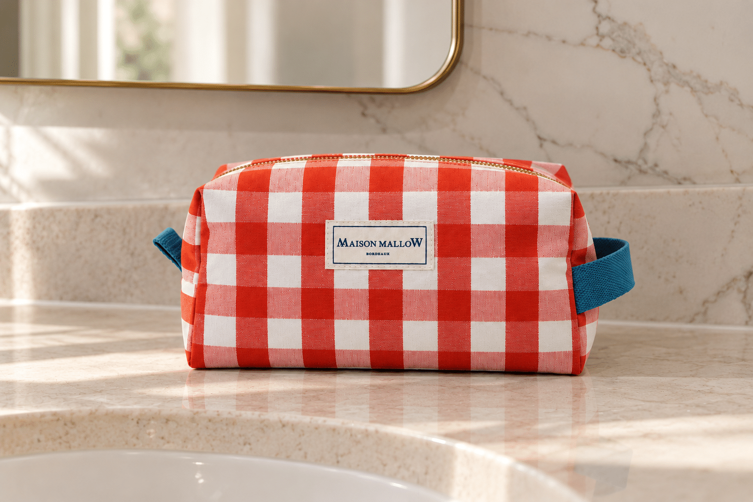 Trousse Vichy corail Maison Mallow sur marbre